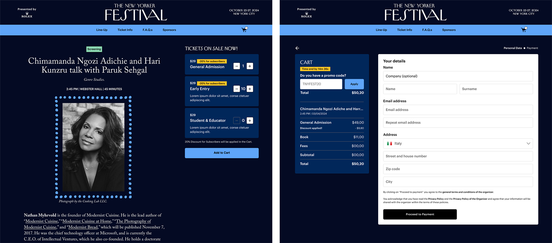 The New Yorker Festival — checkout and on-sale screens